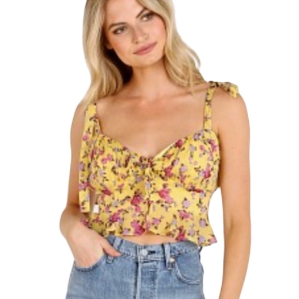 For Love And Lemons Silk Beaumont Sleeveless Top Yellow Floral Print Size M